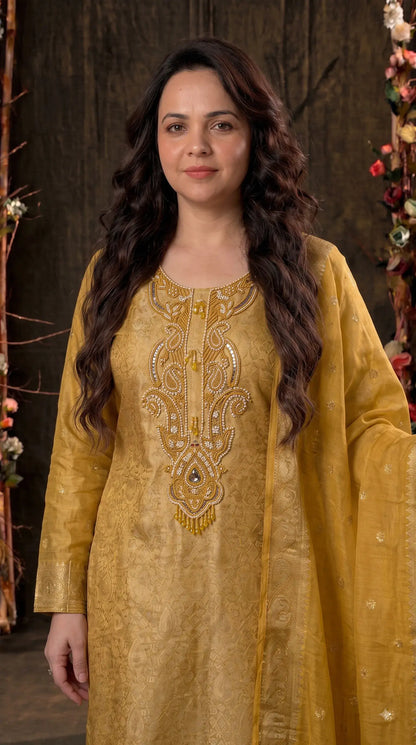 Pakistani Designer Yellow Shade Soft Tissue Suit with Bead & Paisley