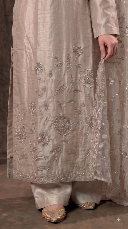 Premium Designer Ivory Taneria Suit with Silver Floral Embroidery & Embroidered Dupatta