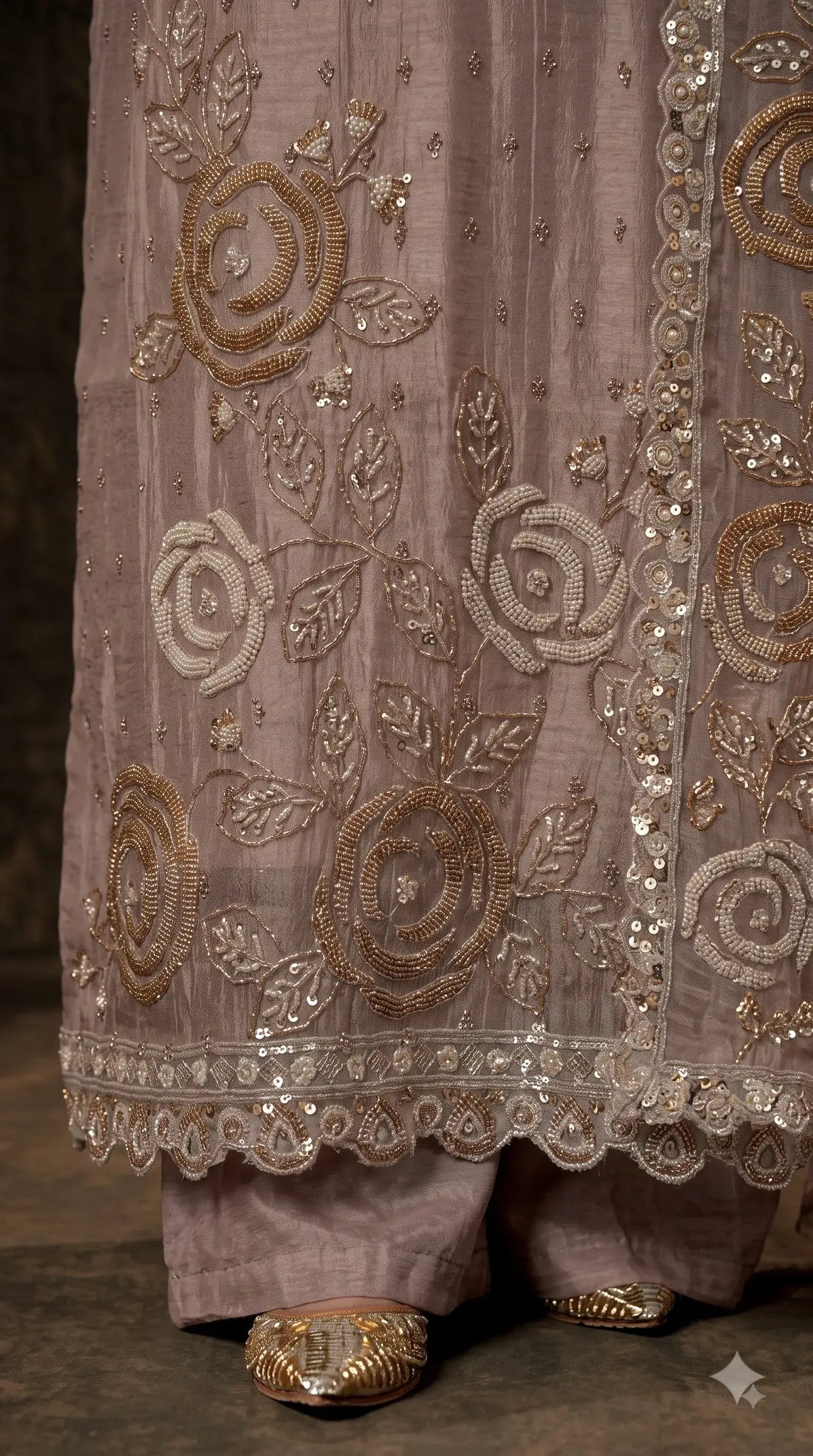 Premium Dusty Mauve Taupe Soft Tissue Designer Suit with Pearl Work