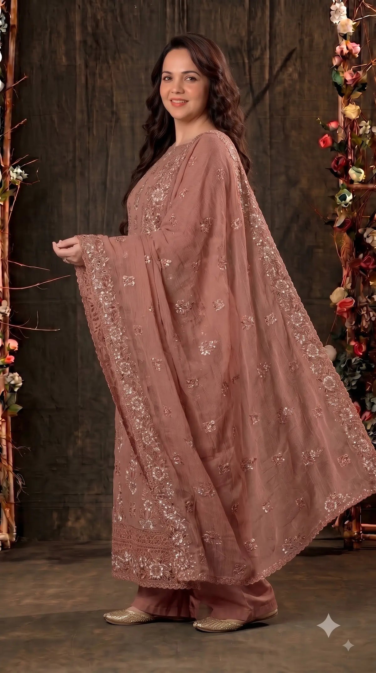 Pakistani Designer Rust Soft Crush Tissue Suit with Floral Embroidery, Pearl & Sequin Work