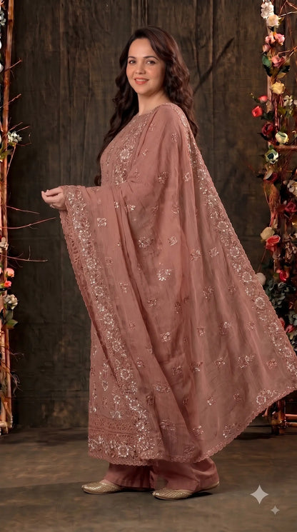 Pakistani Designer Rust Soft Crush Tissue Suit with Floral Embroidery, Pearl & Sequin Work