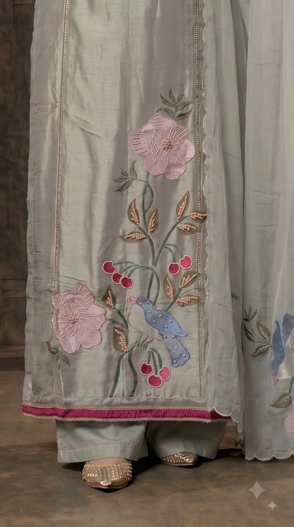 Premium Sage Green Tissue Pakistani Designer Suit with Floral & Bird Embroidery