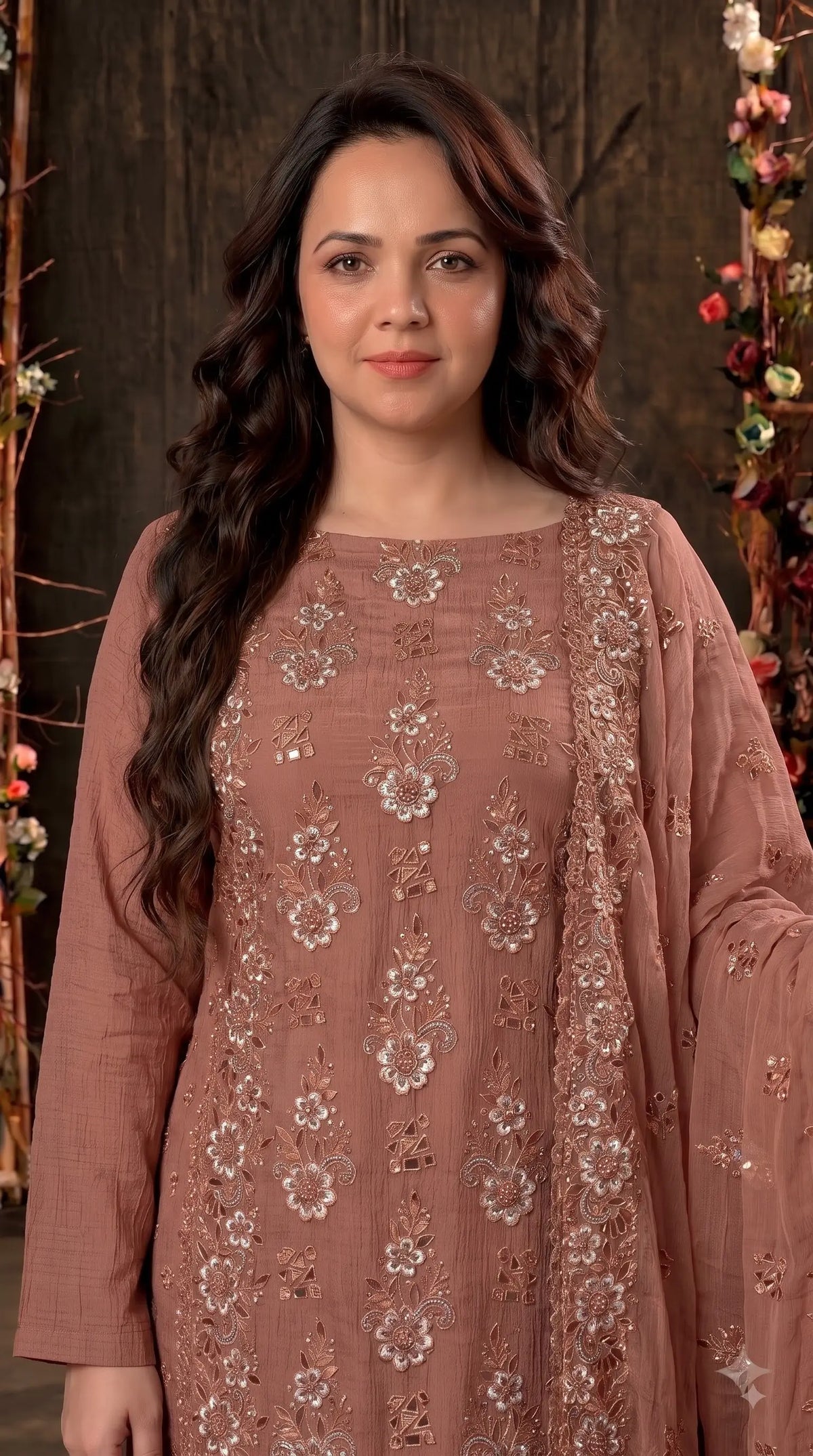 Pakistani Designer Rust Soft Crush Tissue Suit with Floral Embroidery, Pearl & Sequin Work