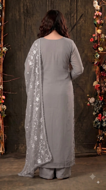 Pakistani Designer Soft Grey Soft Chiffon Suit with Elegant Applique Floral Work & Graceful Dupatta