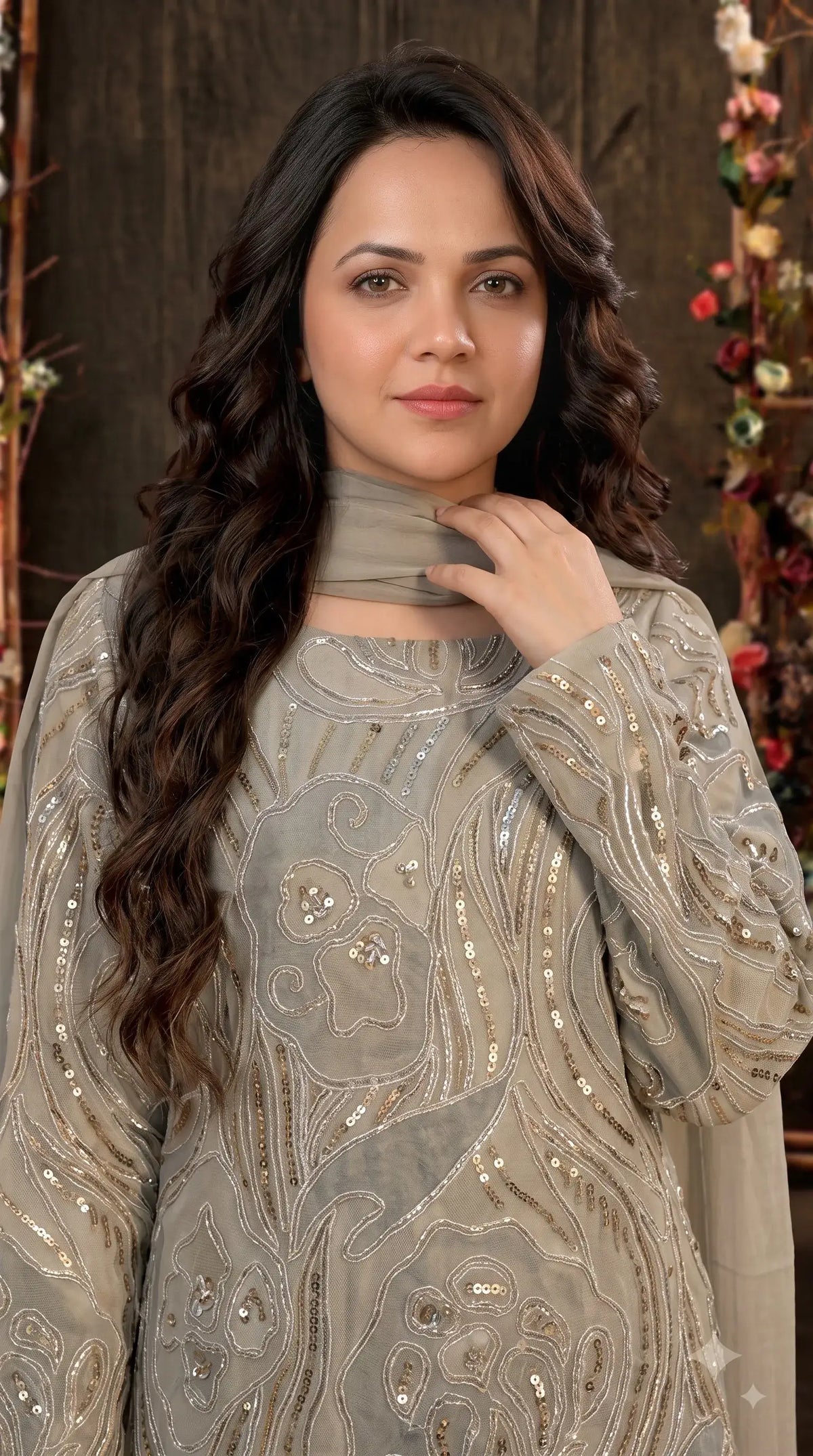 Premium Designer Ivory & Blue Organza Ethnic-Western Suit with Pearl, Bead & Sequin Work