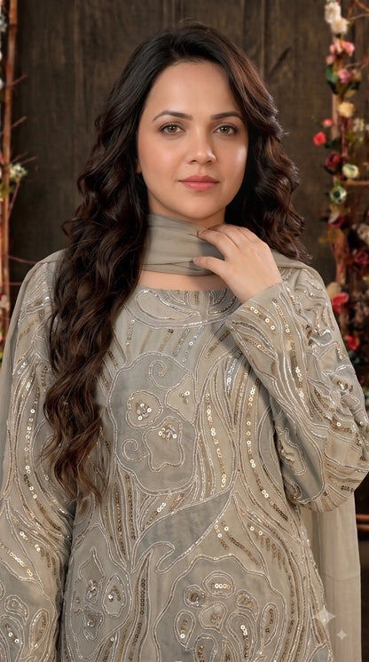 Premium Designer Ivory & Blue Organza Ethnic-Western Suit with Pearl, Bead & Sequin Work