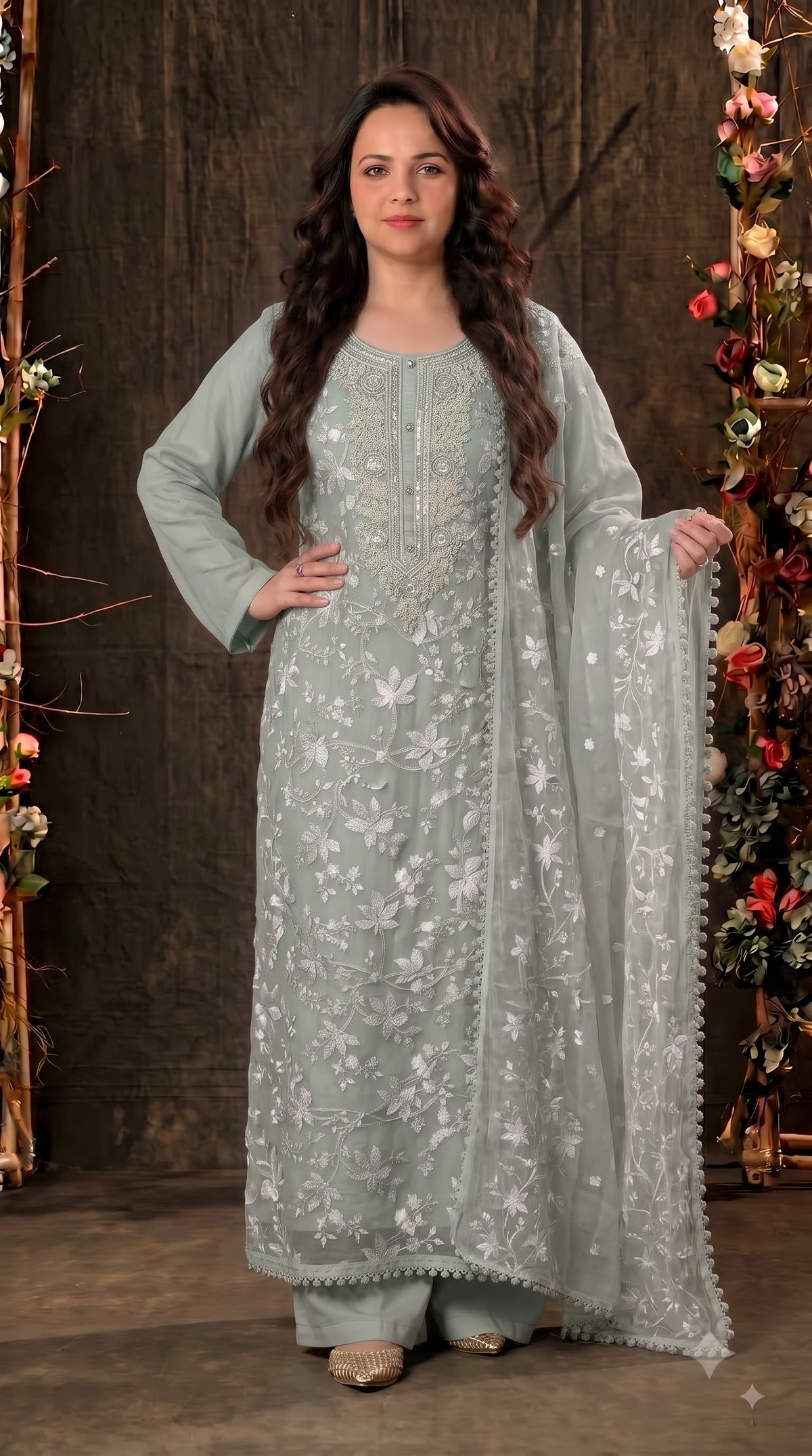 Premium Designer Soft Sage Green Soft Chiffon Suit with Elegant Applique Floral Work & Graceful