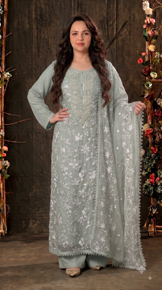 Premium Designer Soft Sage Green Soft Chiffon Suit with Elegant Applique Floral Work & Graceful