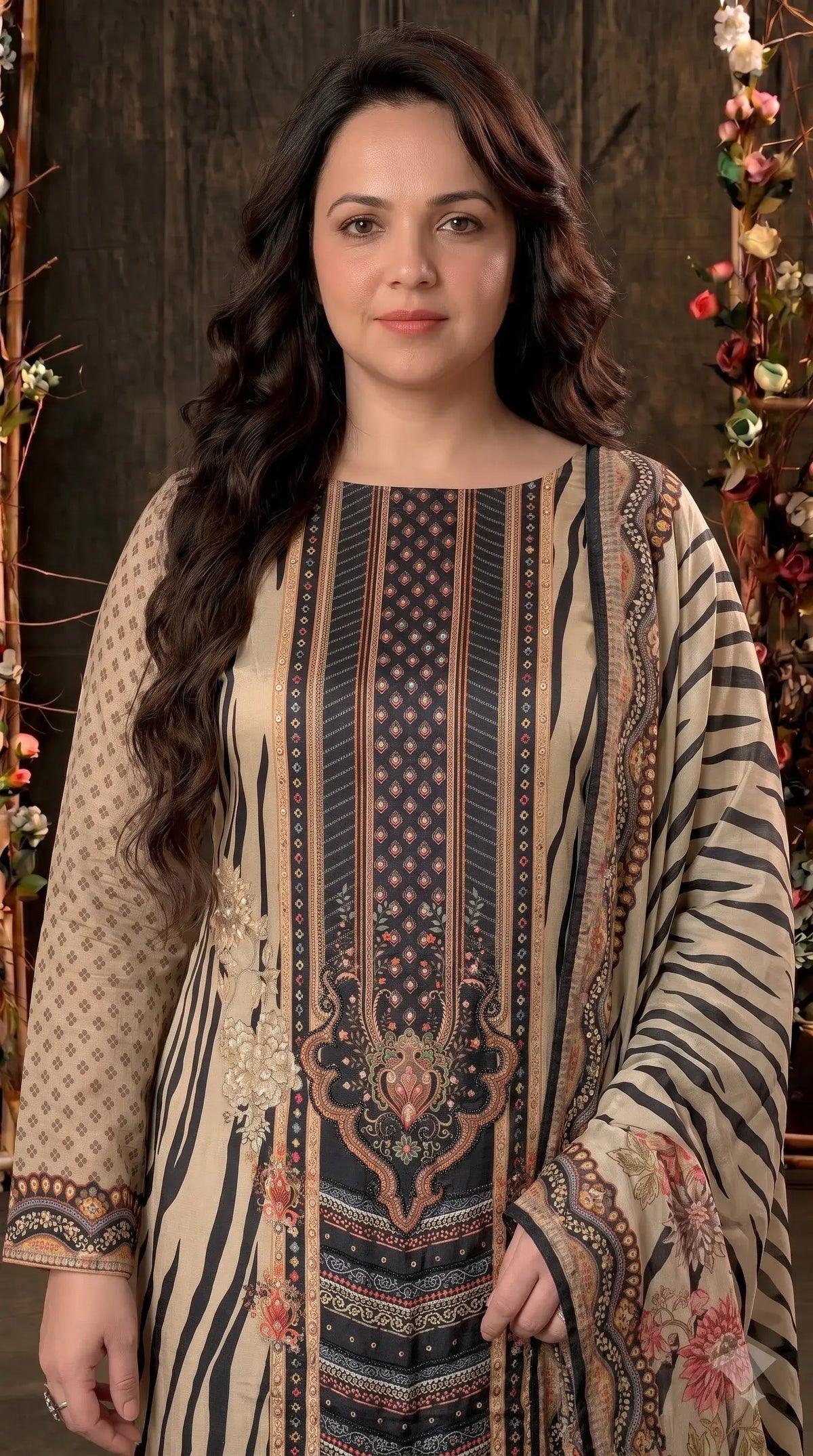 Premium Designer Beige Black Silk Suit with Floral Print, Pearl Work & Elegant Dupatta