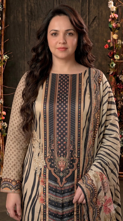 Premium Designer Beige Black Silk Suit with Floral Print, Pearl Work & Elegant Dupatta
