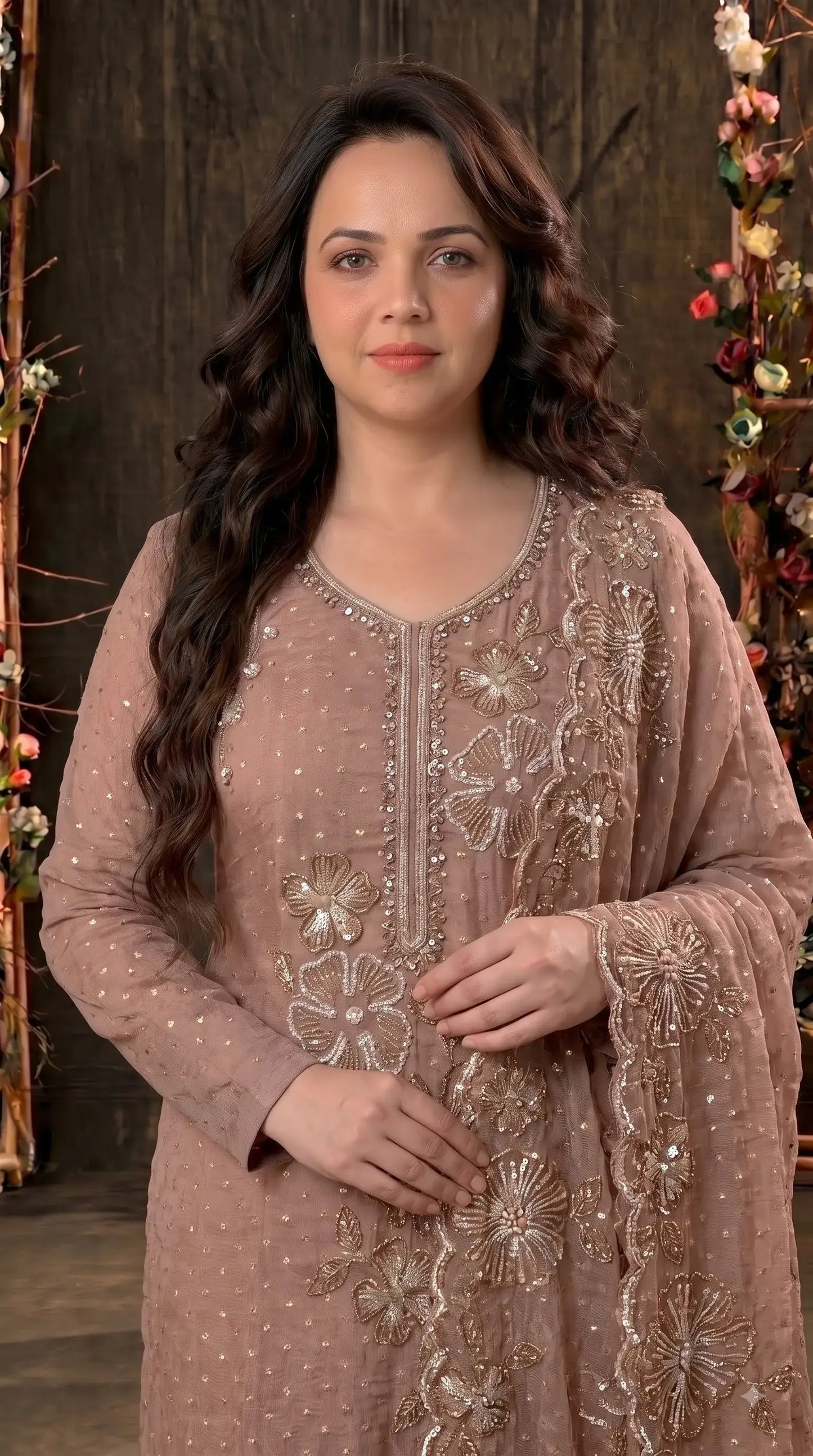 Premium Designer Blush Taupe Soft Tissue Suit with Pearl Floral Work