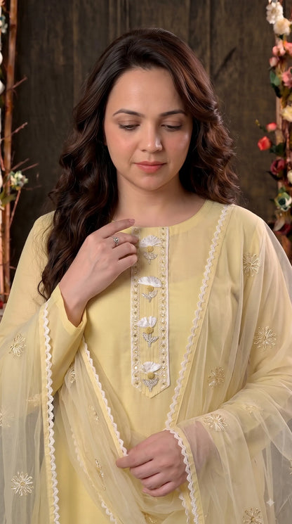 Premium Designer Soft Yellow Super Soft Cotton Suit with Elegant Floral Detailing