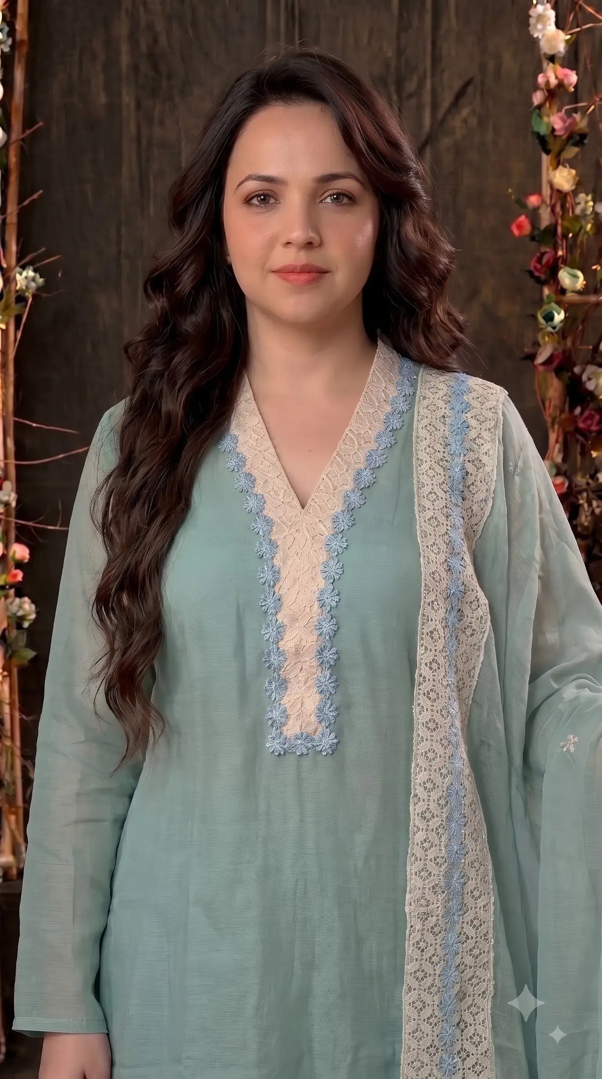 Pakistani Designer Soft Sage Green Pure Cotton Suit with Floral Embroidery, Lace & Pearl Detailing