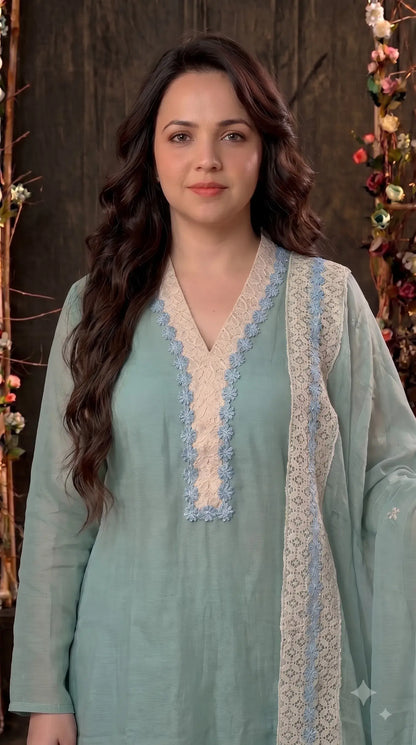 Pakistani Designer Soft Sage Green Pure Cotton Suit with Floral Embroidery, Lace & Pearl Detailing