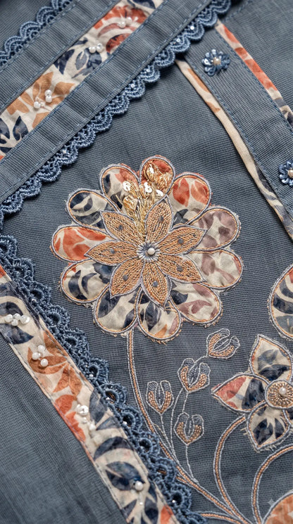 Premium Slate Blue Soft Cotton Suit with Floral Appliqué, Thread & Pearl Work