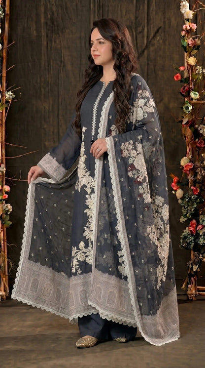 Black Floral Mull Cotton Pakistani Suit with Embroidered Dupatta