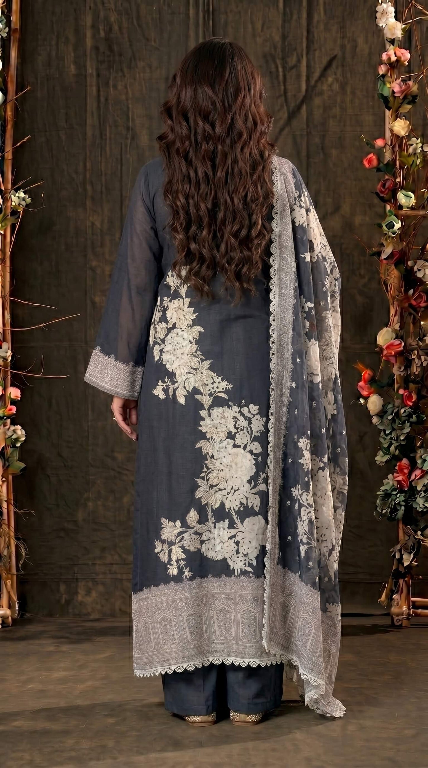 Black Floral Mull Cotton Pakistani Suit with Embroidered Dupatta