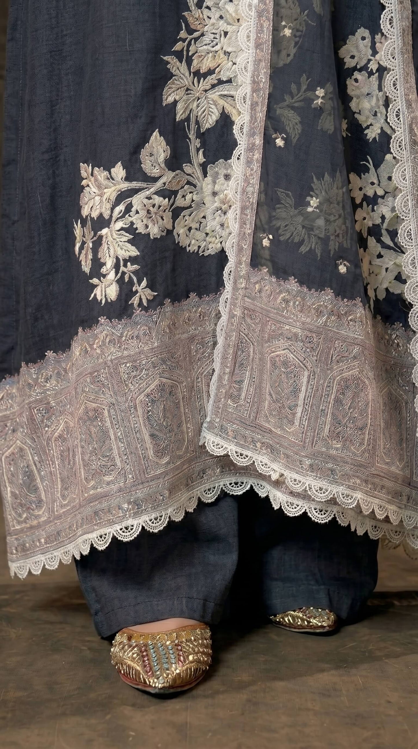 Black Floral Mull Cotton Pakistani Suit with Embroidered Dupatta