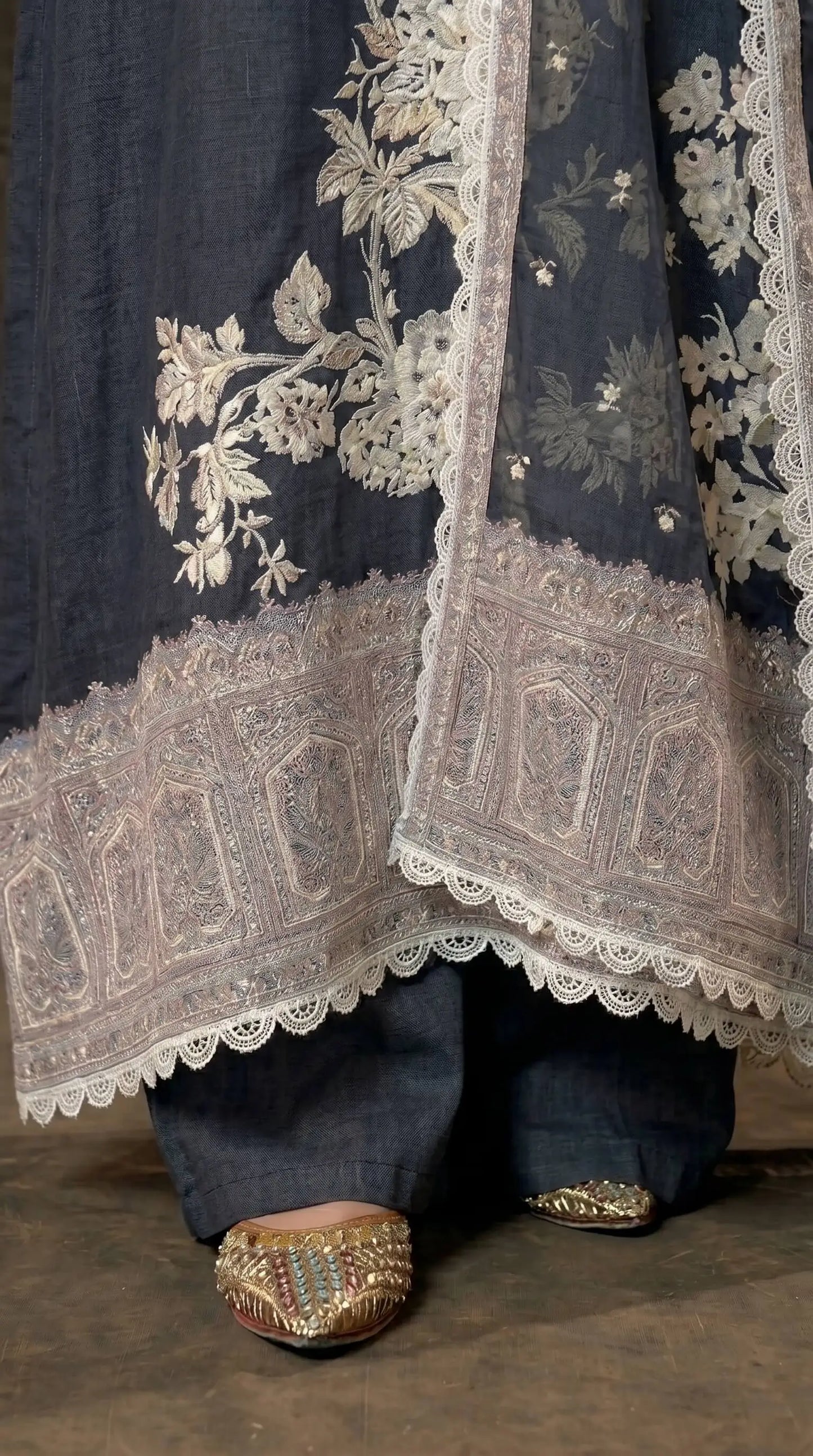 Black Floral Mull Cotton Pakistani Suit with Embroidered Dupatta