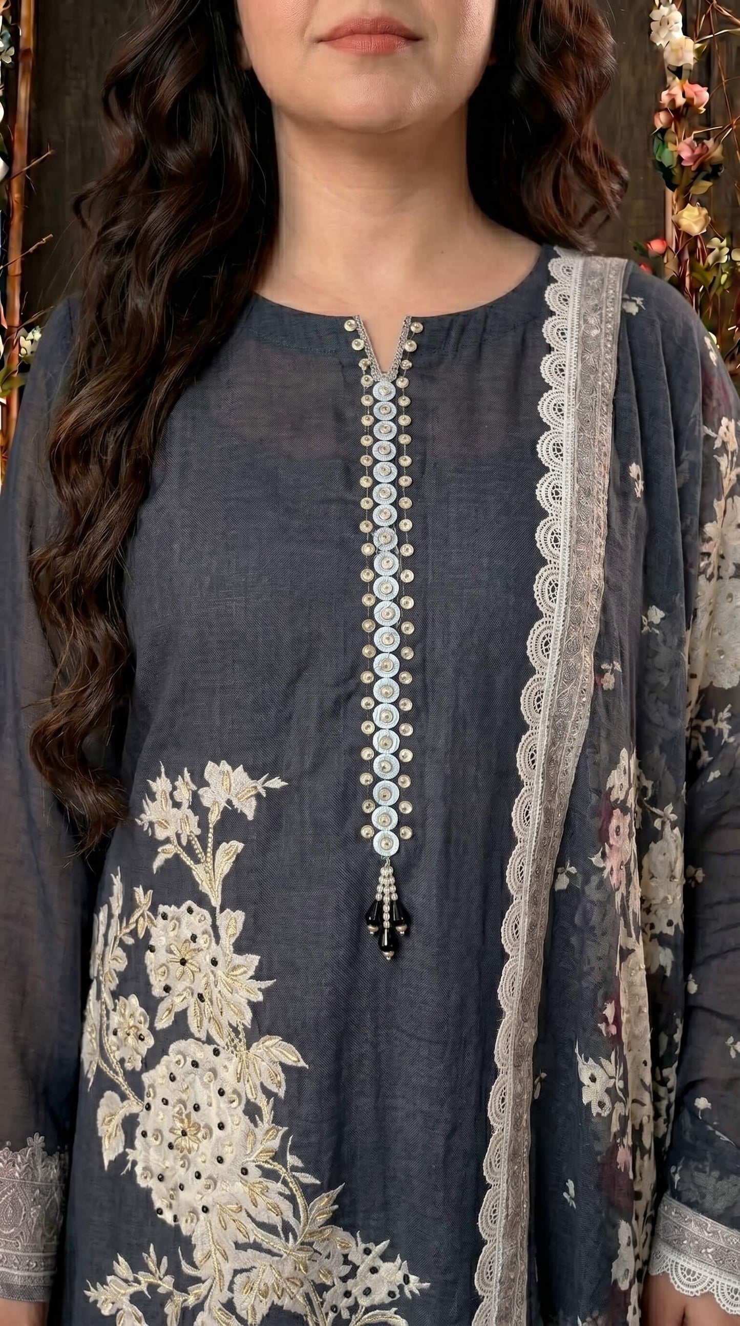 Black Floral Mull Cotton Pakistani Suit with Embroidered Dupatta