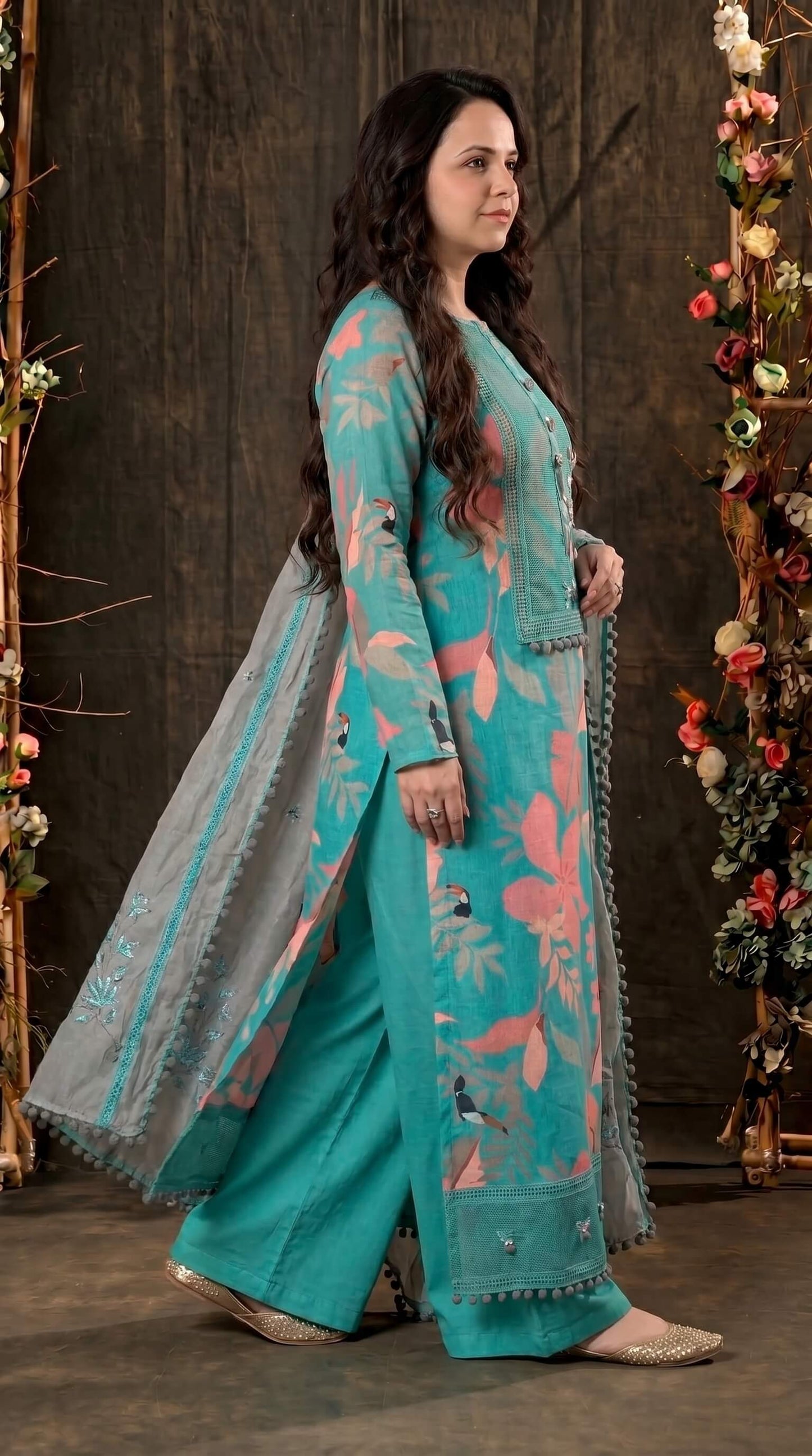 Teal Designer Ethnic Suit with Floral Print & Lace Work