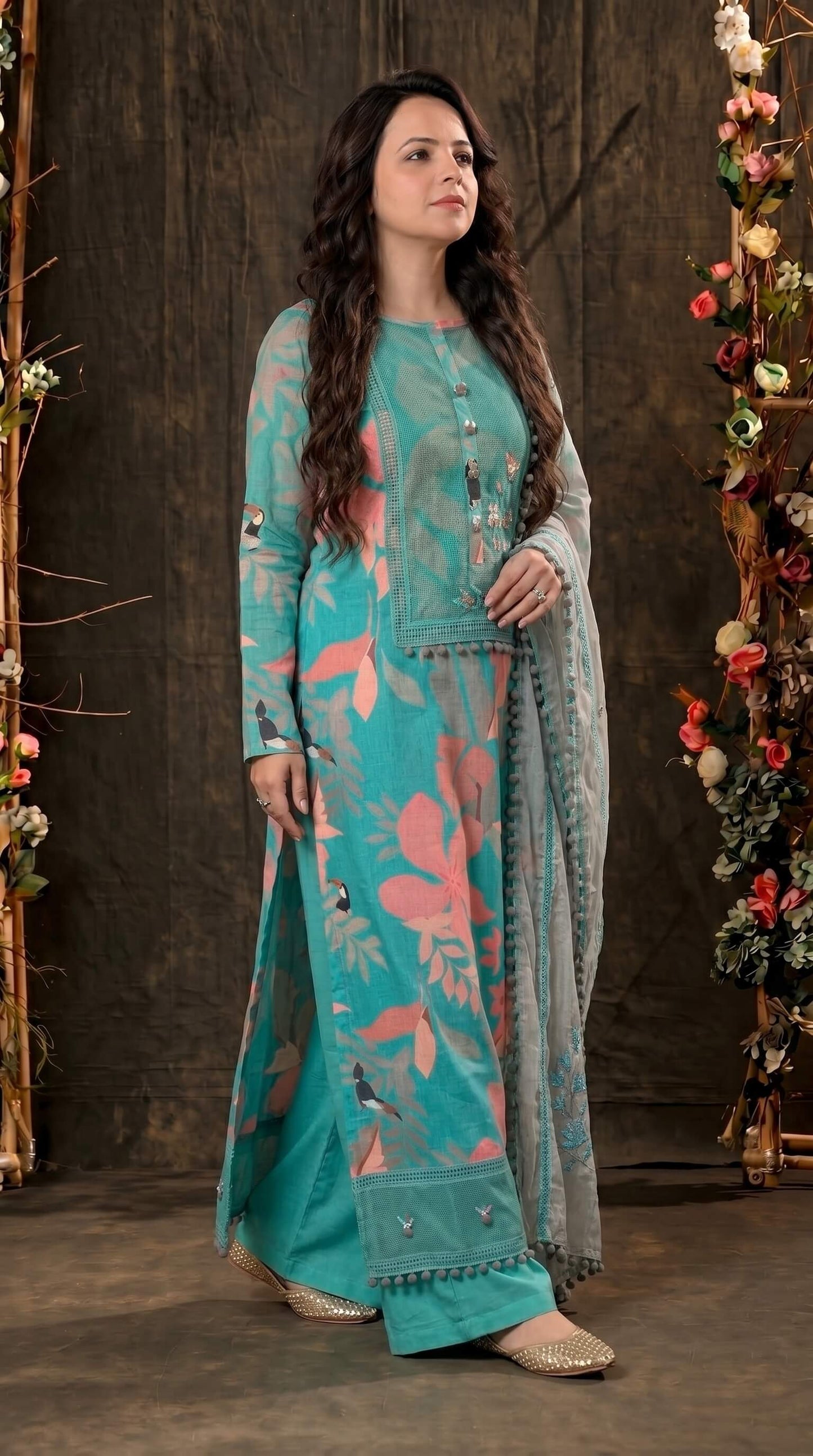 Teal Designer Ethnic Suit with Floral Print & Lace Work