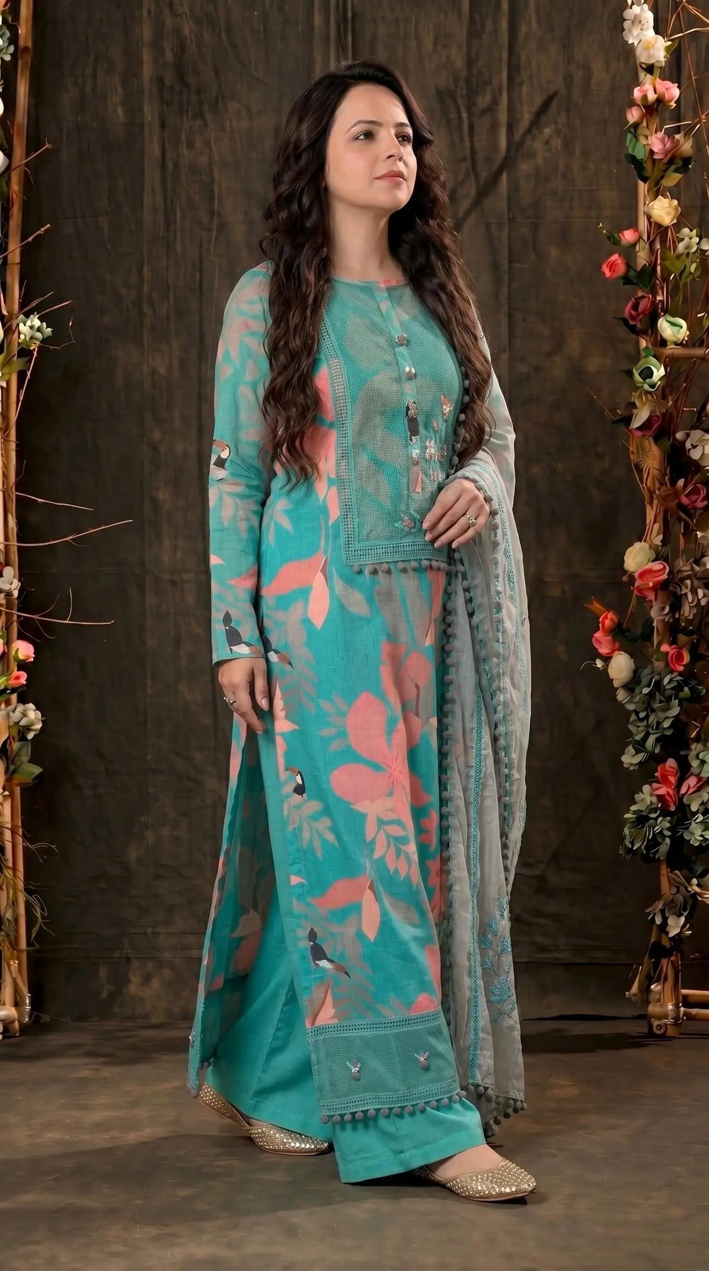 Teal Designer Ethnic Suit with Floral Print & Lace Work