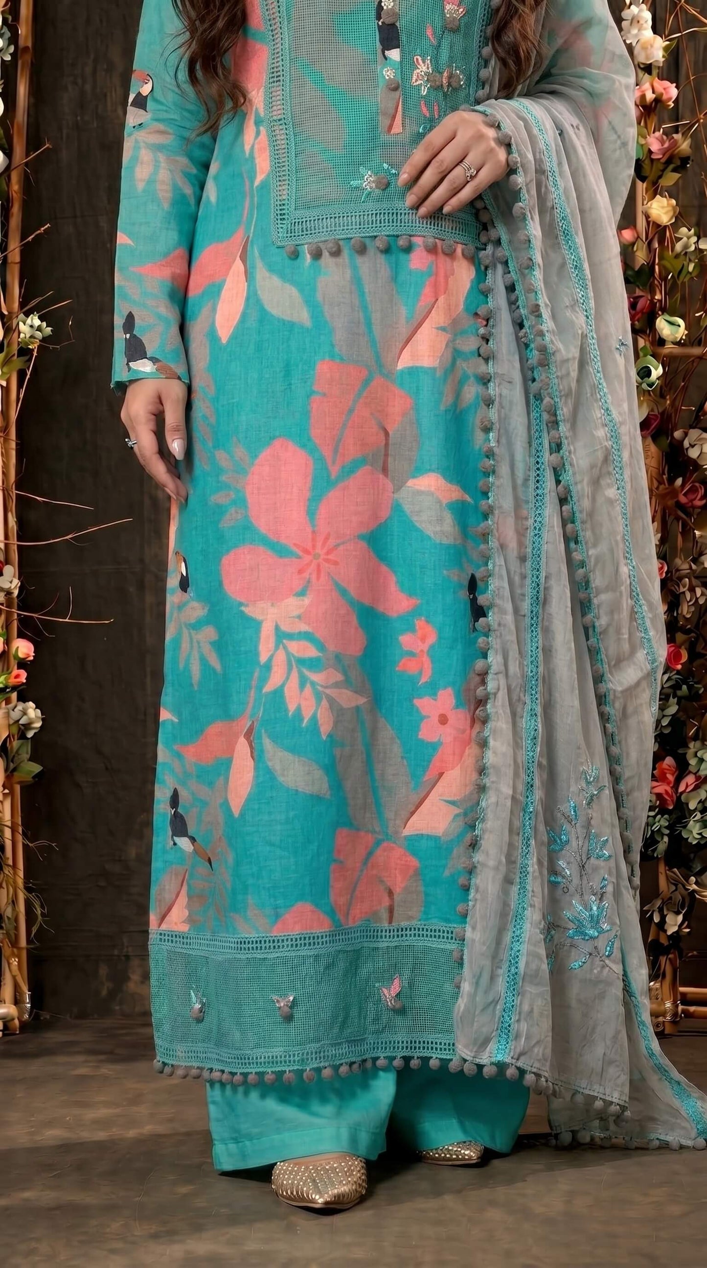 Teal Designer Ethnic Suit with Floral Print & Lace Work