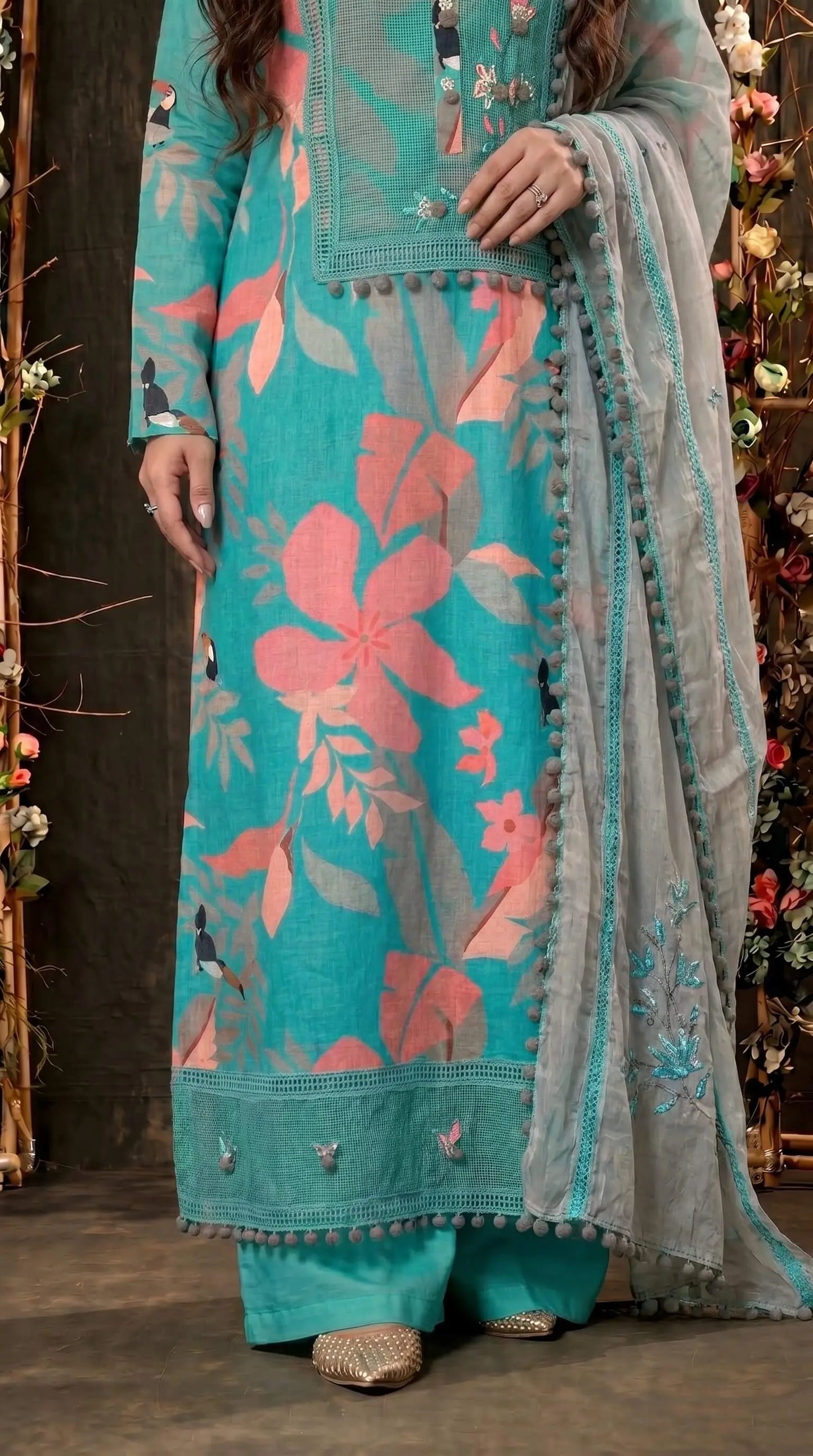Teal Designer Ethnic Suit with Floral Print & Lace Work