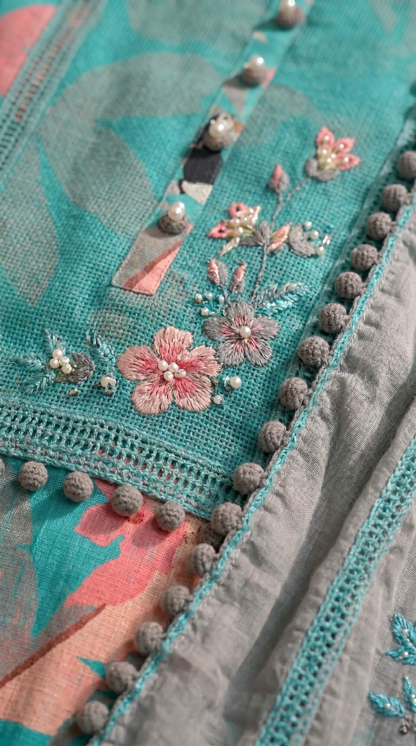 Teal Designer Ethnic Suit with Floral Print & Lace Work