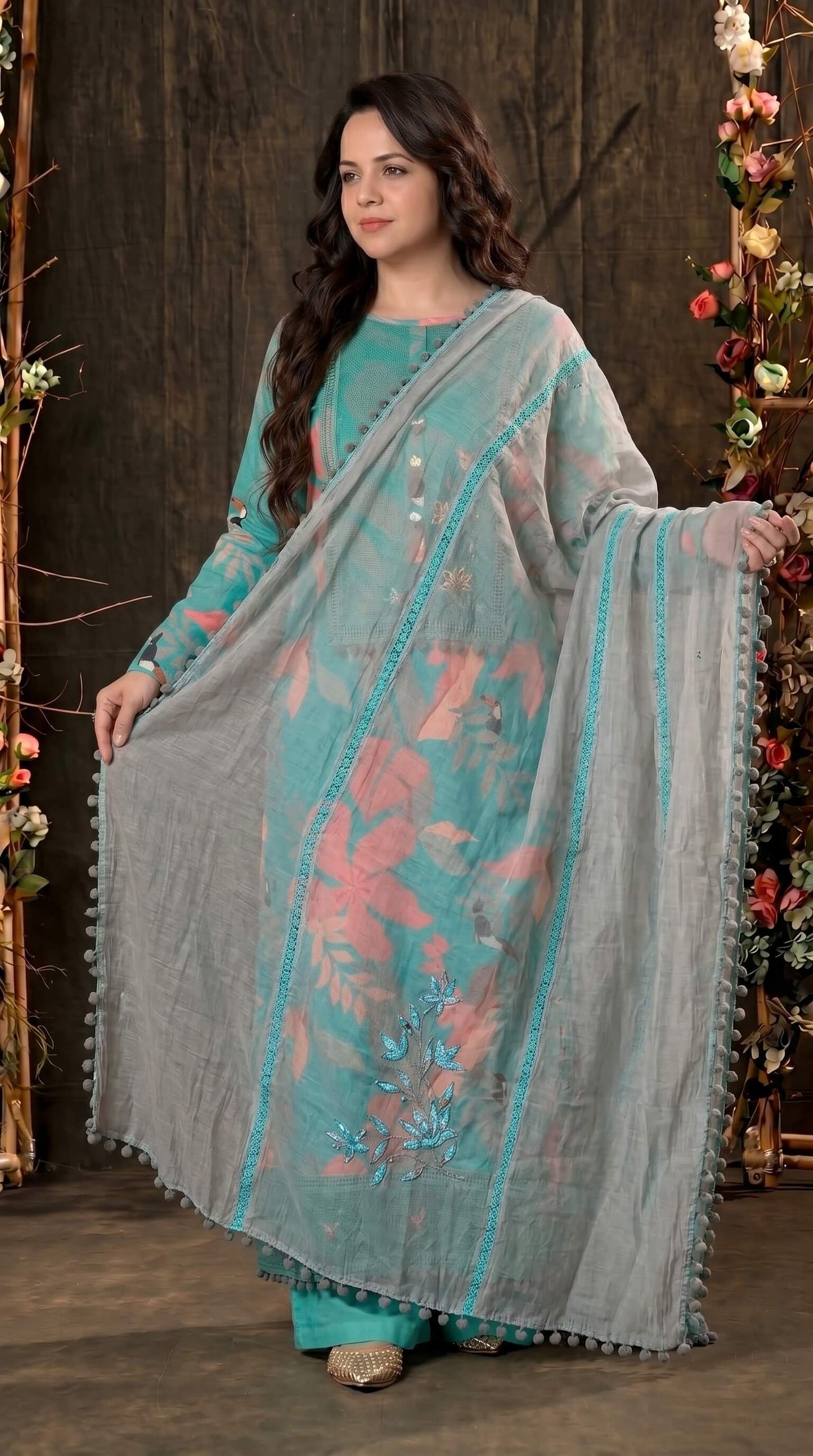 Teal Designer Ethnic Suit with Floral Print & Lace Work