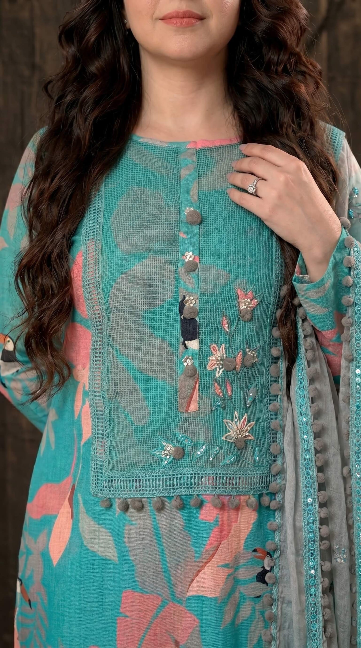 Teal Designer Ethnic Suit with Floral Print & Lace Work