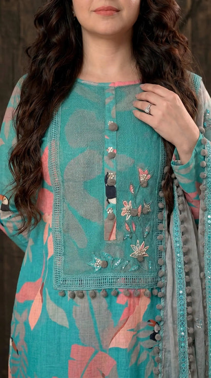 Teal Designer Ethnic Suit with Floral Print & Lace Work