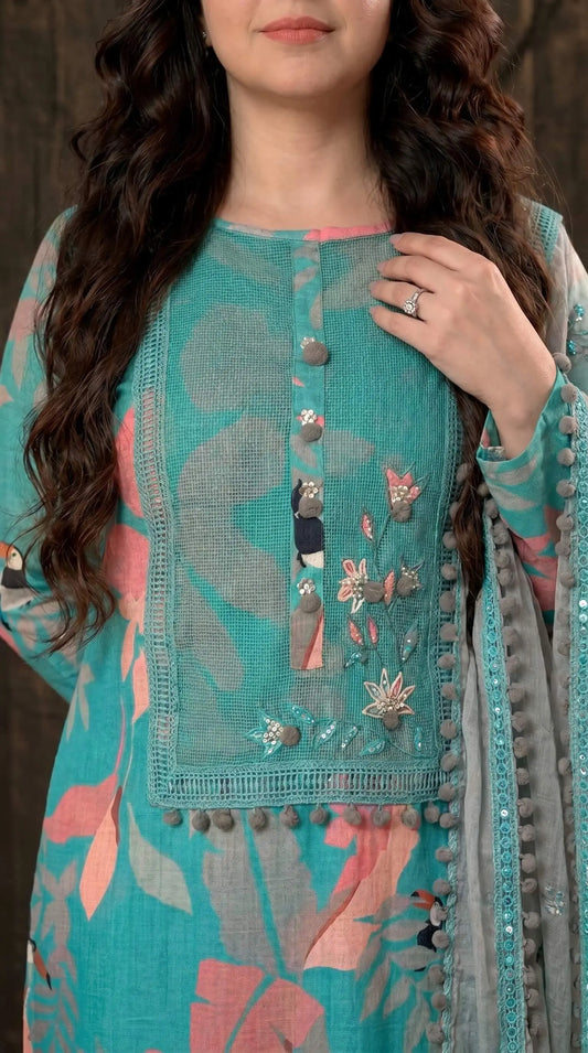 Teal Designer Ethnic Suit with Floral Print & Lace Work