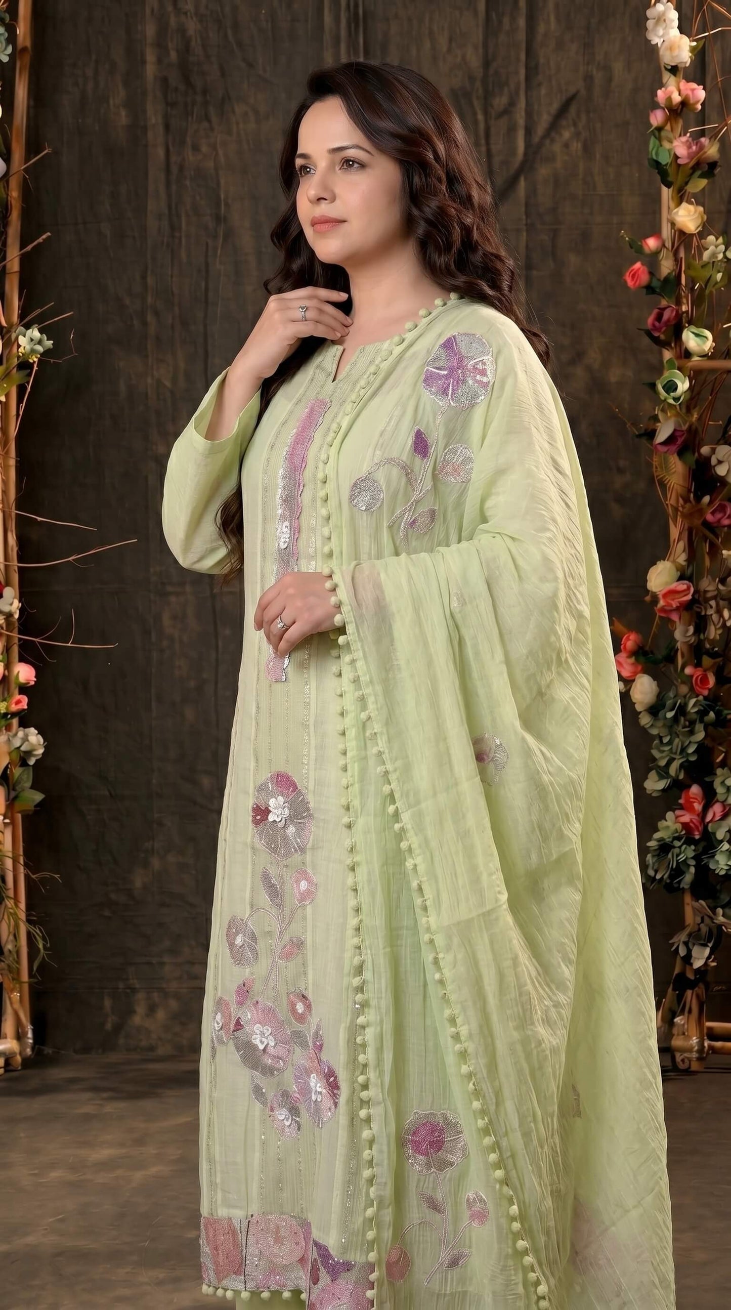 Festive Floral Mull Cotton Pakistani Suit with Floral Sequin Work