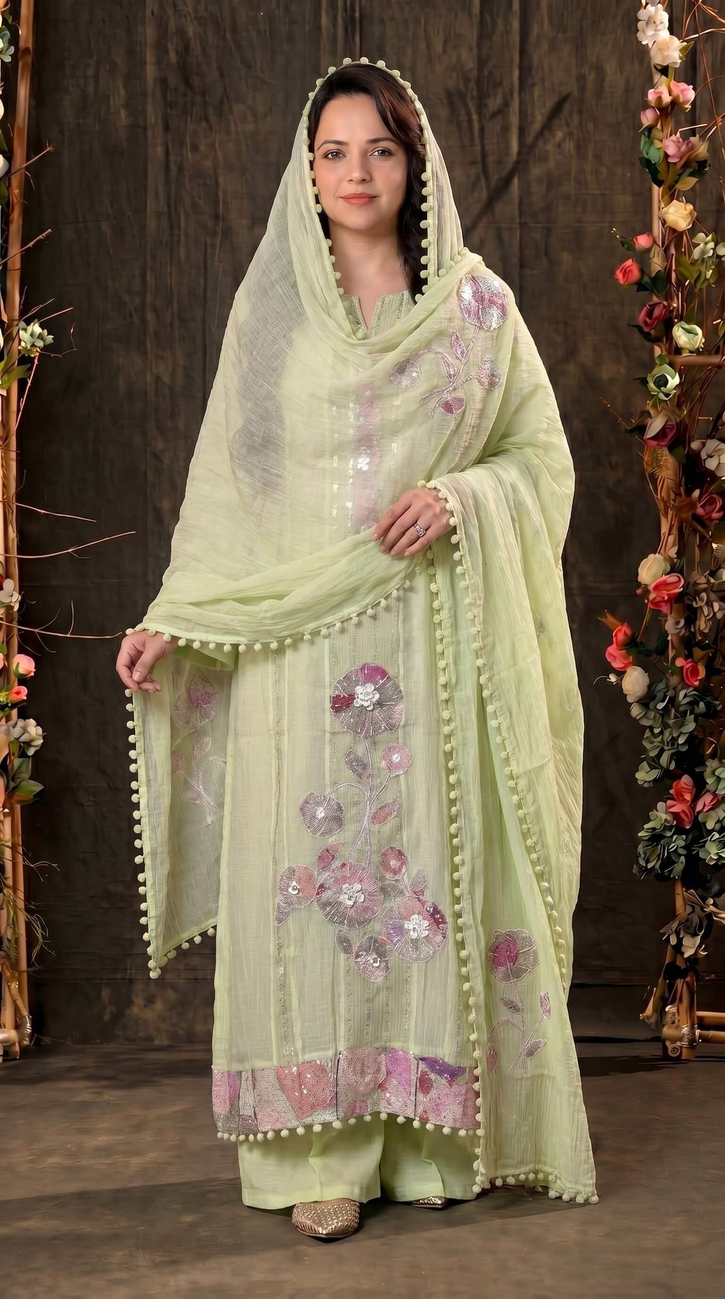 Festive Floral Mull Cotton Pakistani Suit with Floral Sequin Work