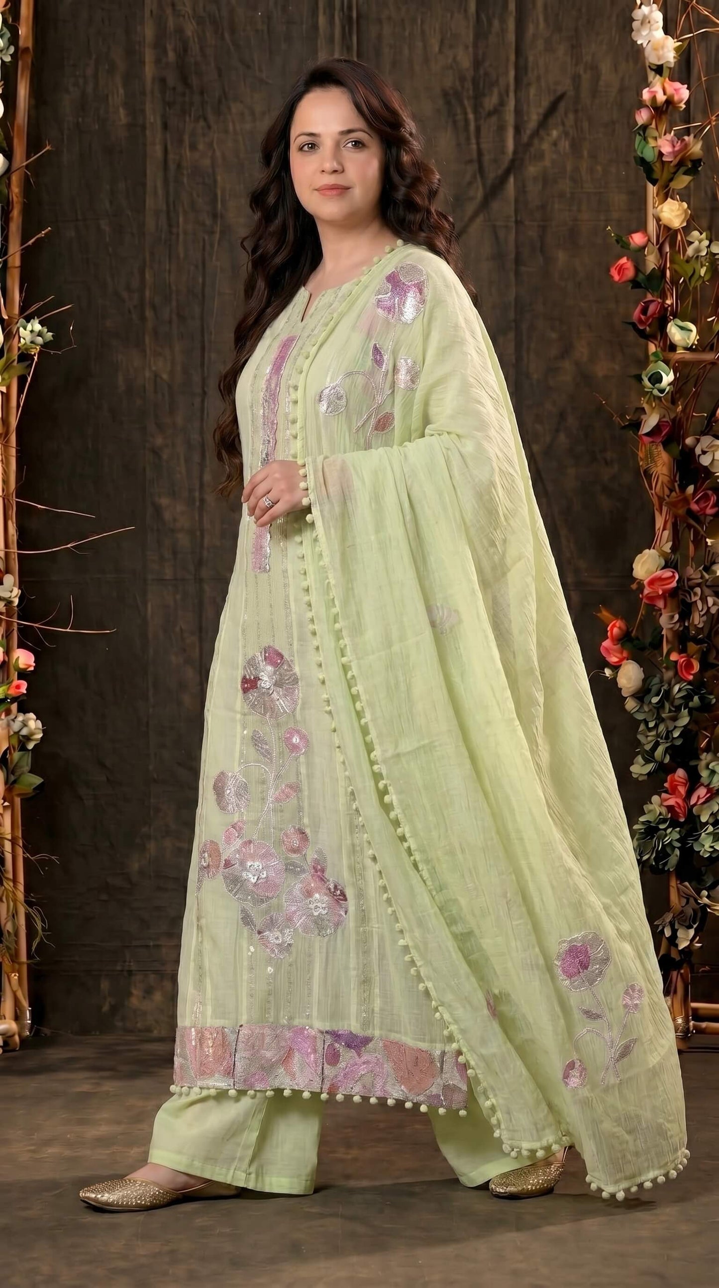 Festive Floral Mull Cotton Pakistani Suit with Floral Sequin Work