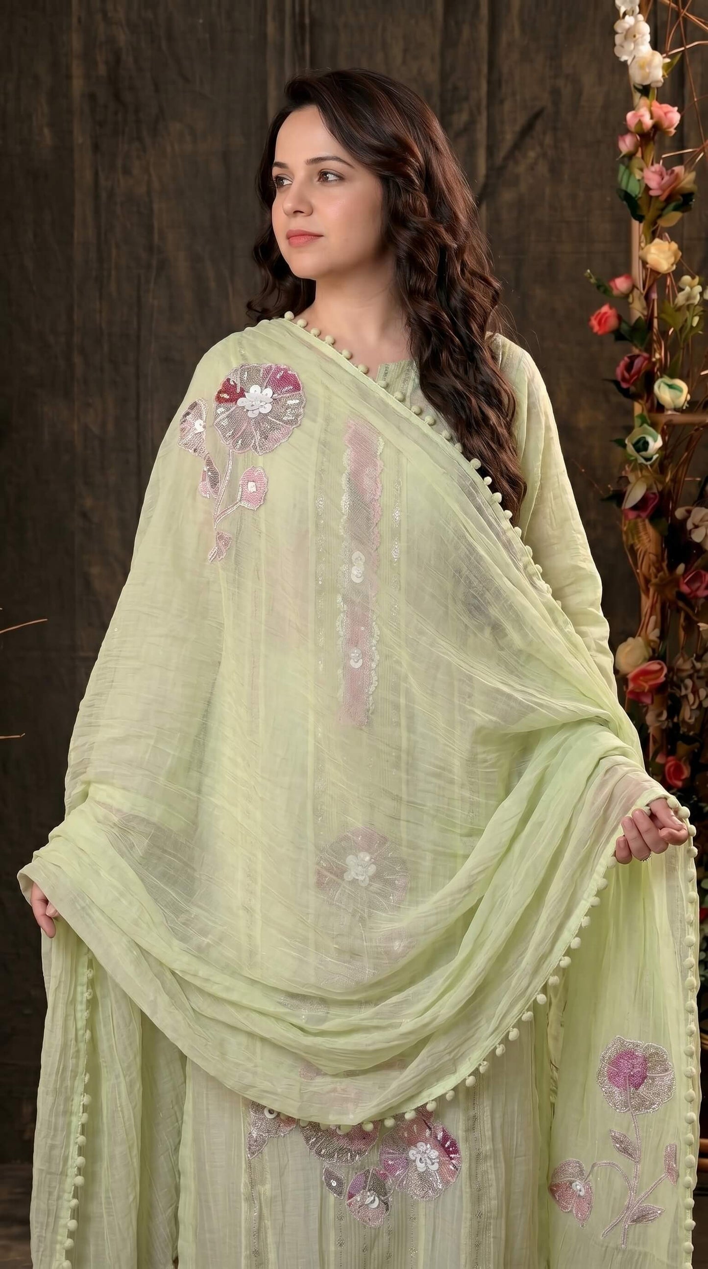 Festive Floral Mull Cotton Pakistani Suit with Floral Sequin Work