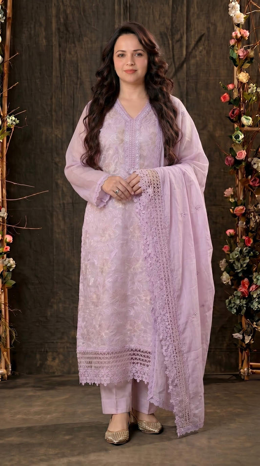 Designer Lavender Organza Glass Suit with Mull Chanderi Dupatta
