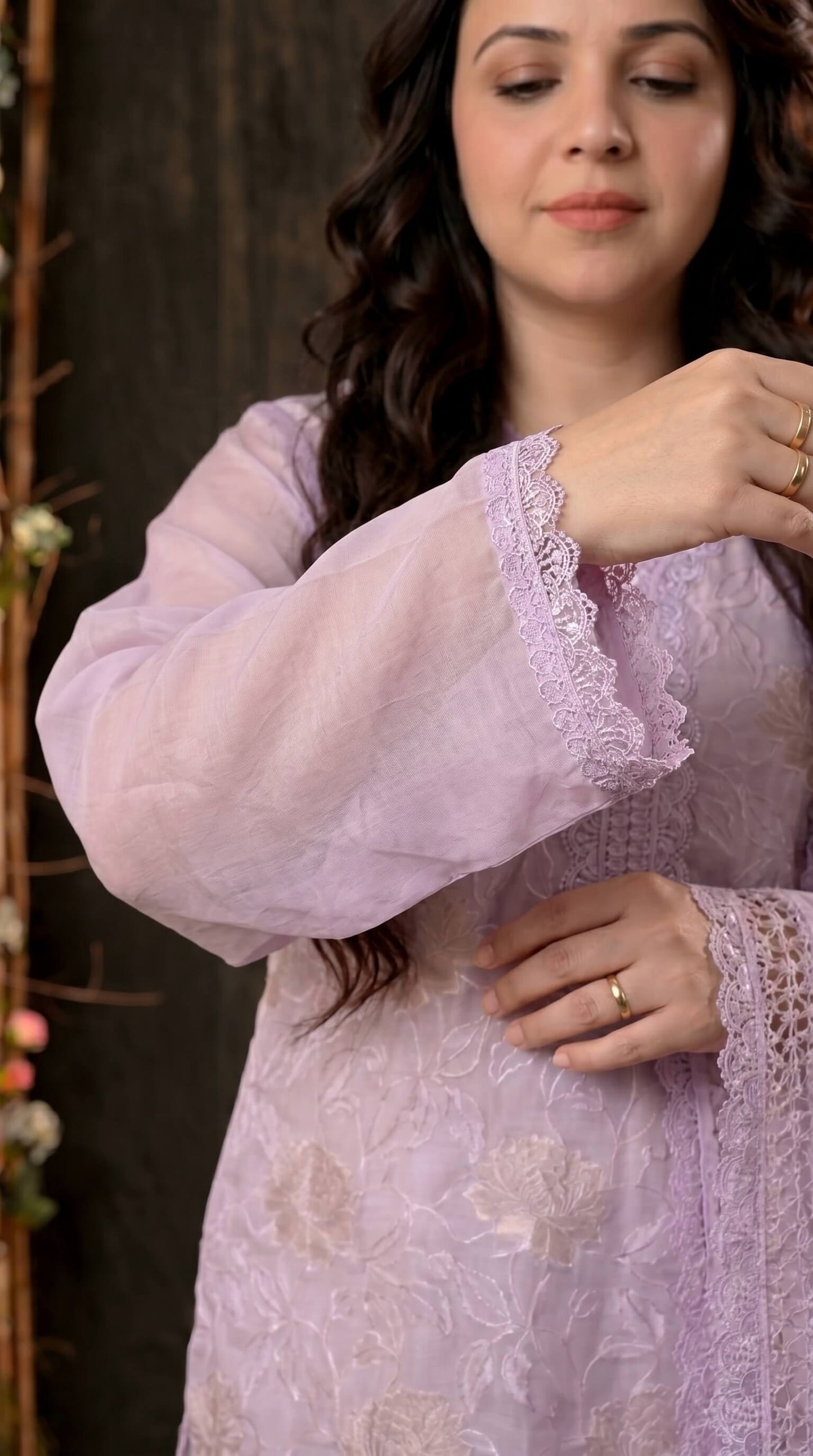 Designer Lavender Organza Glass Suit with Mull Chanderi Dupatta
