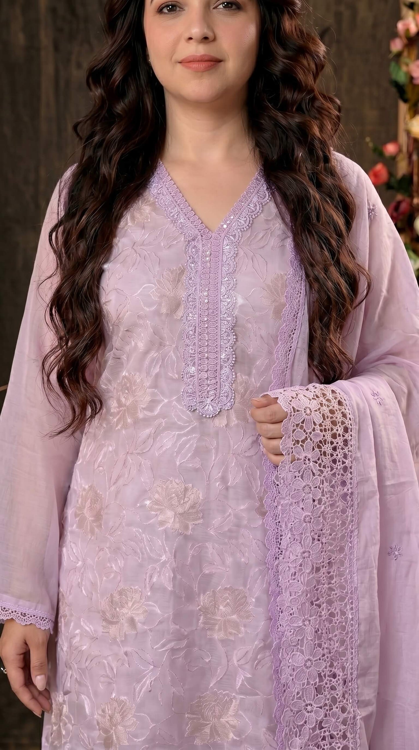 Designer Lavender Organza Glass Suit with Mull Chanderi Dupatta