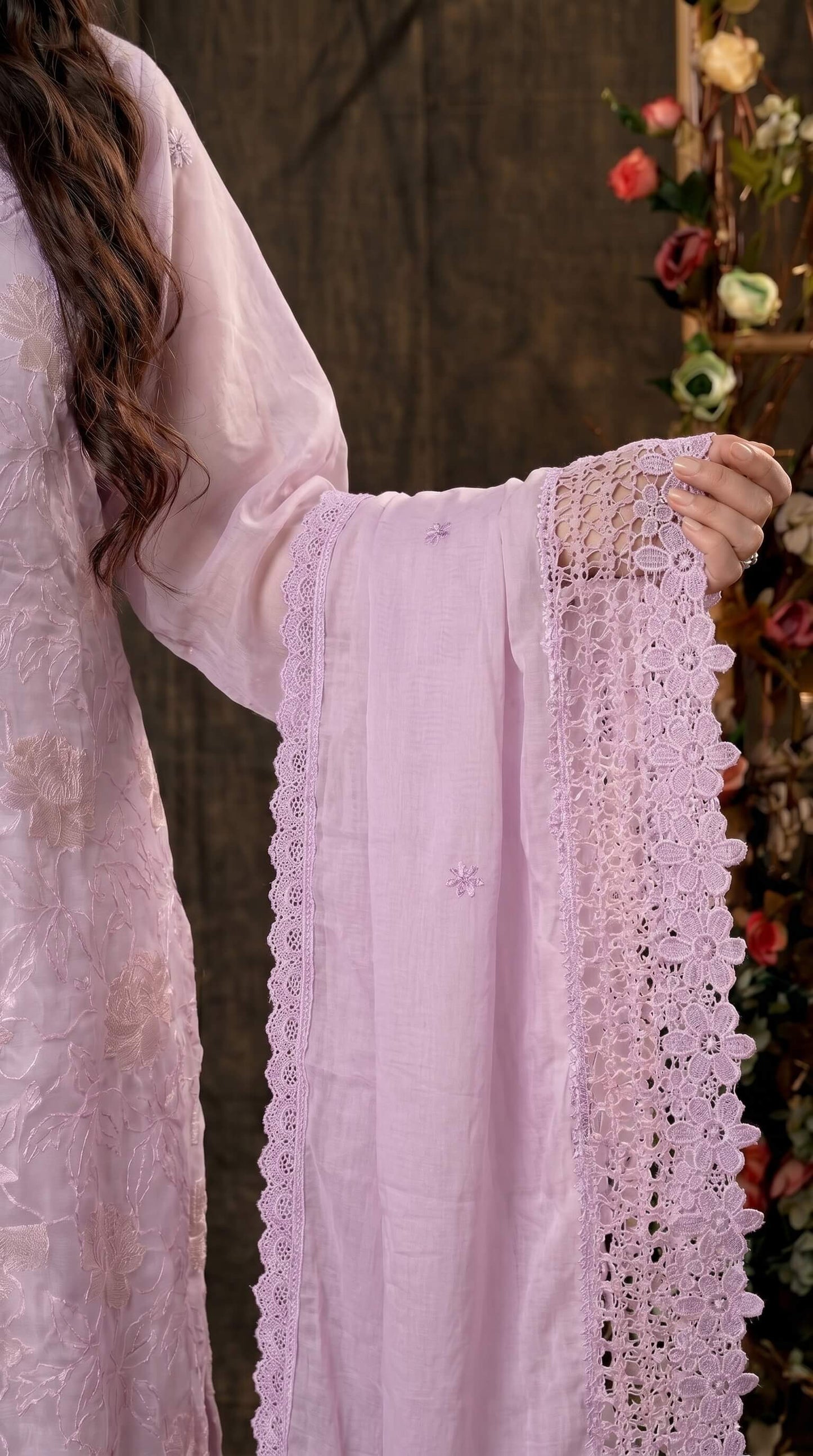 Designer Lavender Organza Glass Suit with Mull Chanderi Dupatta