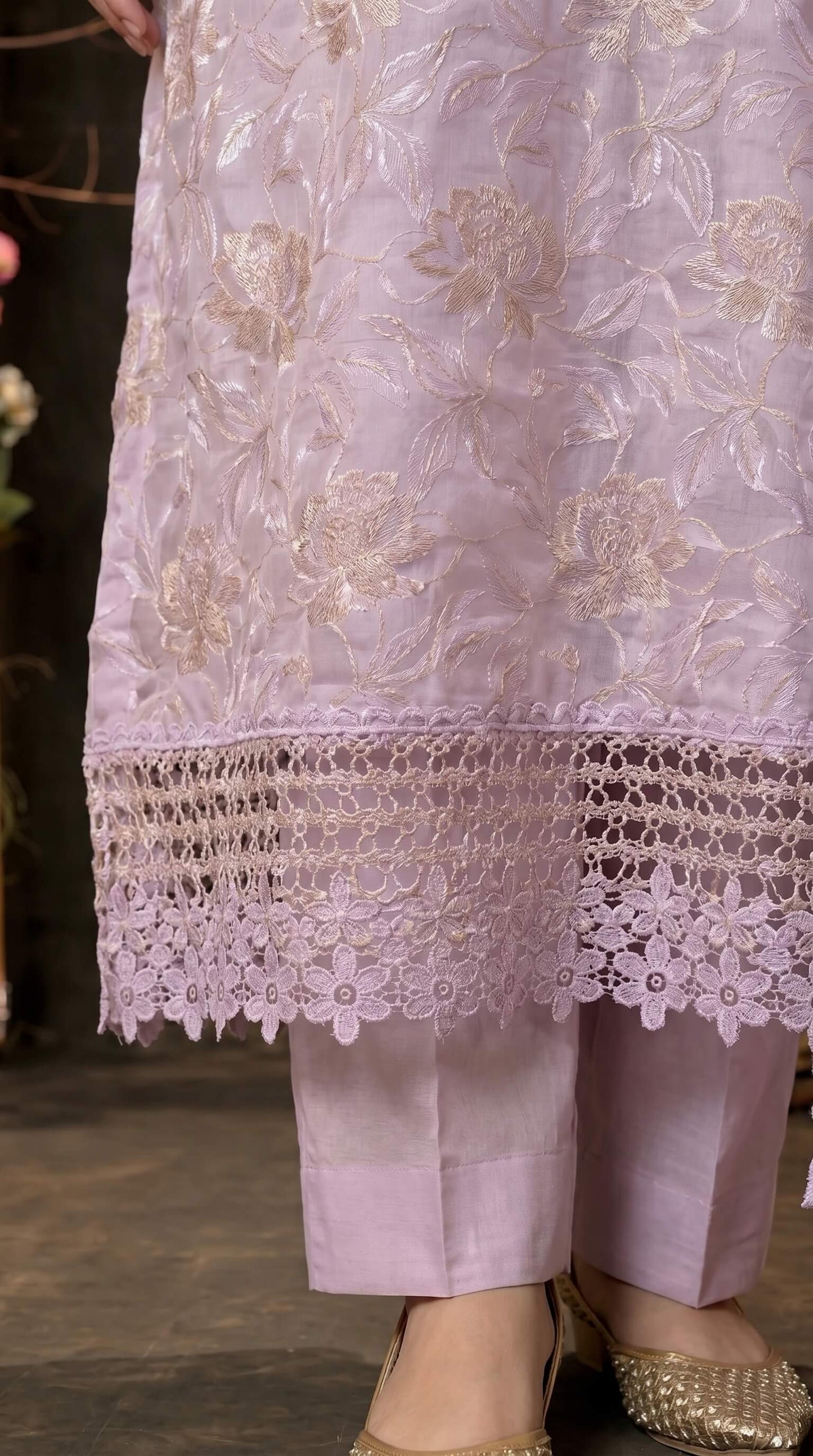 Designer Lavender Organza Glass Suit with Mull Chanderi Dupatta