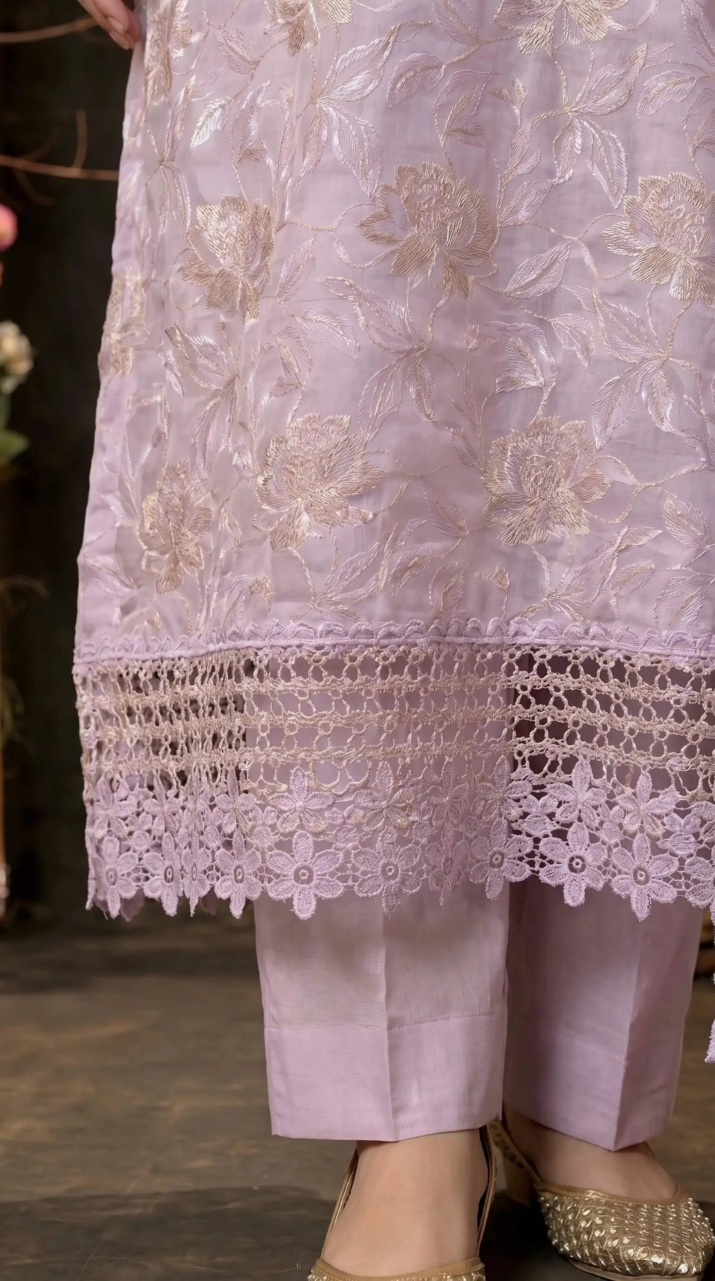 Designer Lavender Organza Glass Suit with Mull Chanderi Dupatta