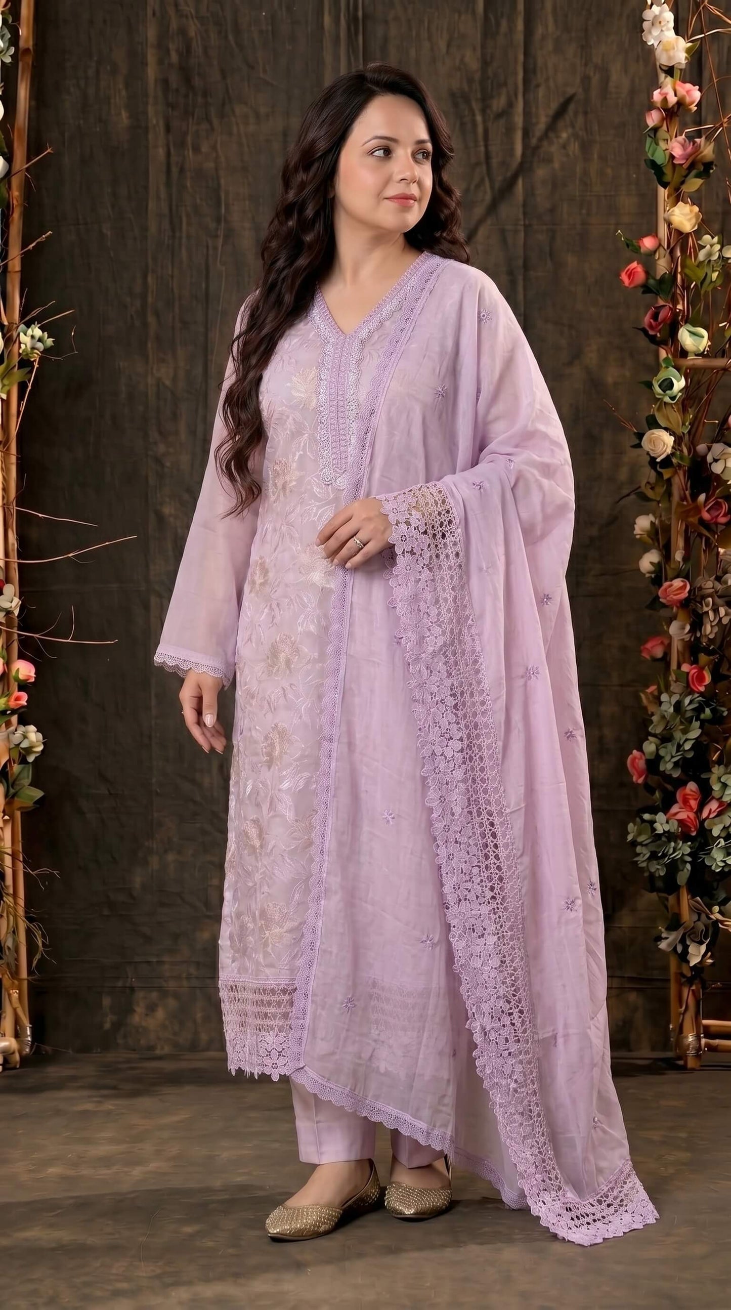 Designer Lavender Organza Glass Suit with Mull Chanderi Dupatta