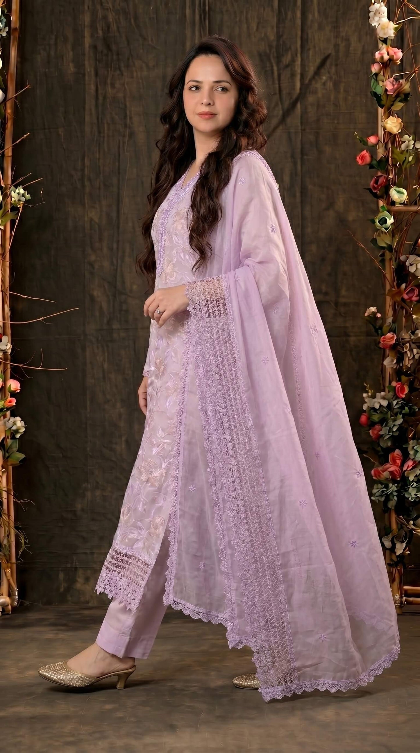 Designer Lavender Organza Glass Suit with Mull Chanderi Dupatta