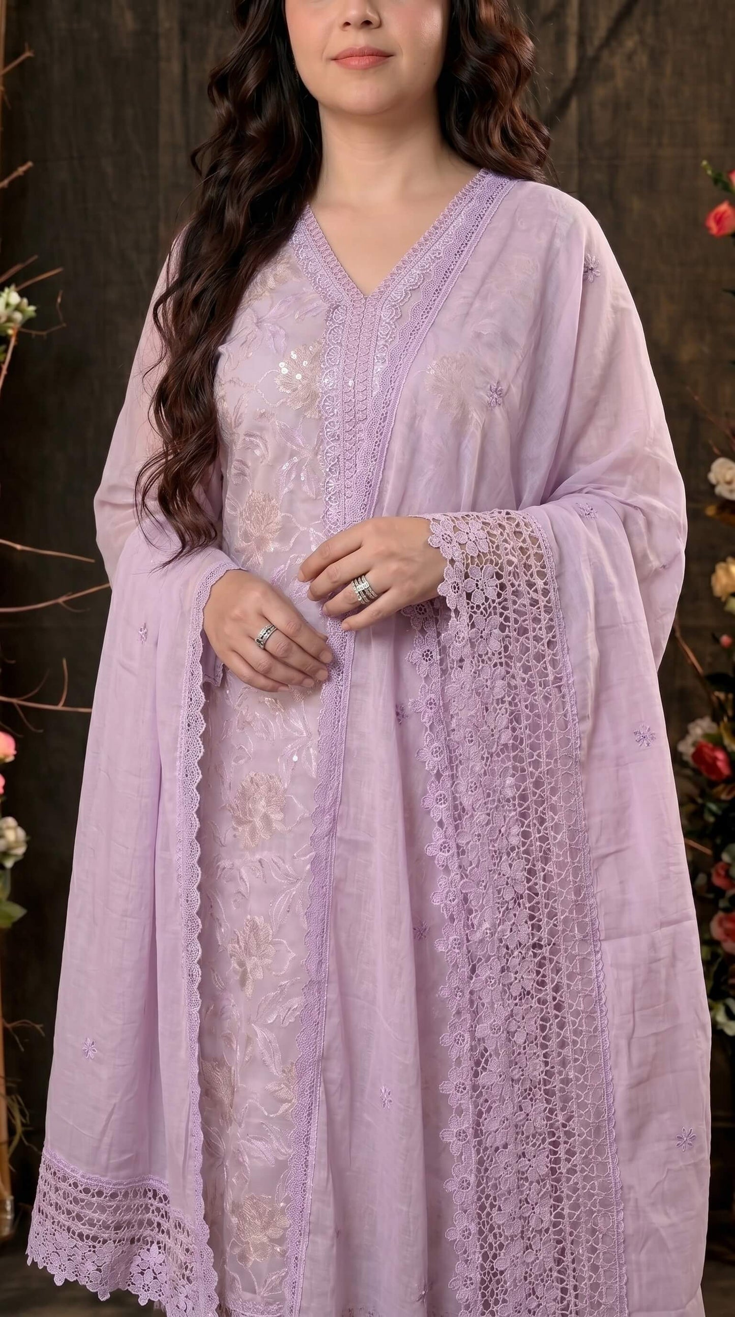 Designer Lavender Organza Glass Suit with Mull Chanderi Dupatta