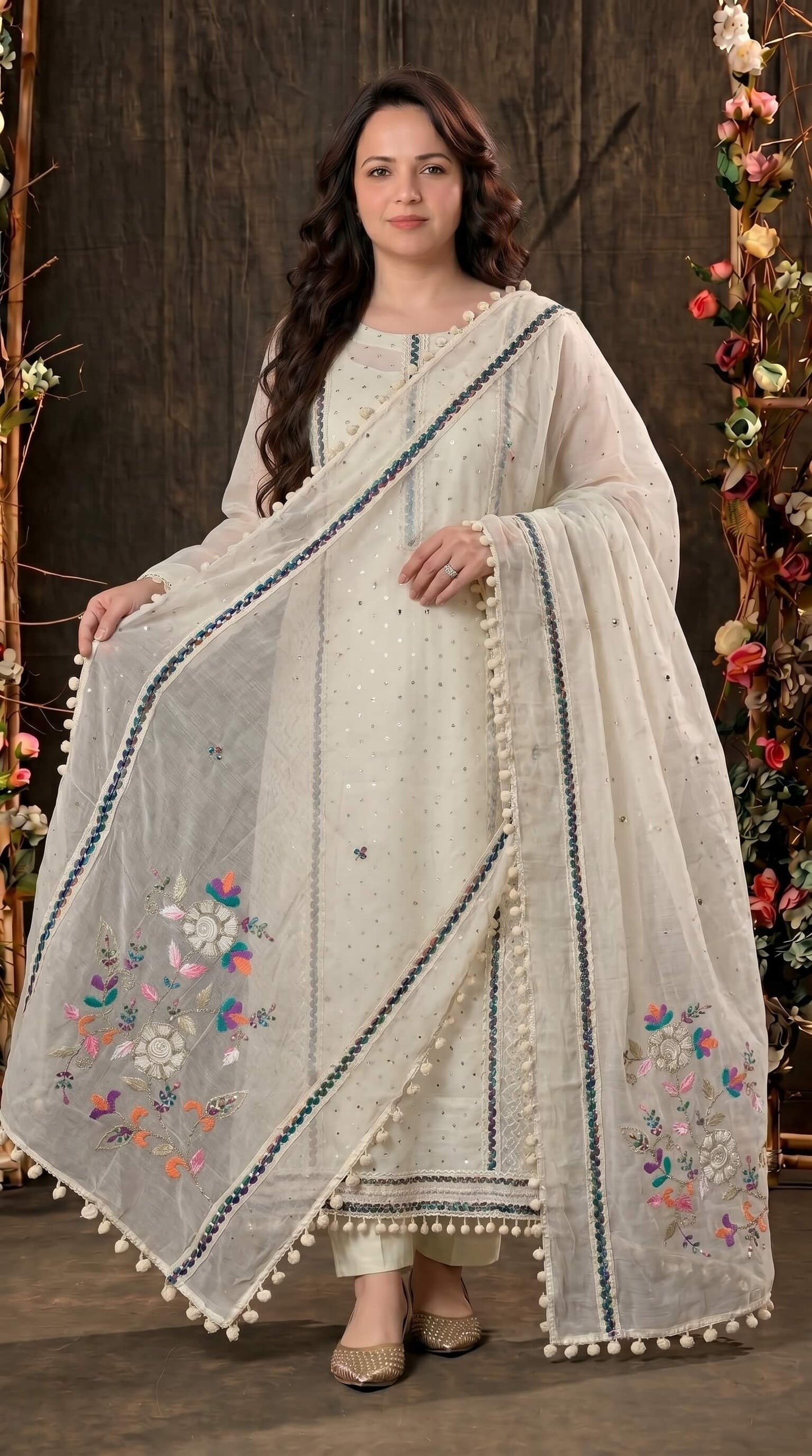 Premium Pakistani Mull Chanderi Suit with Sequin Work & Embroidered Dupatta