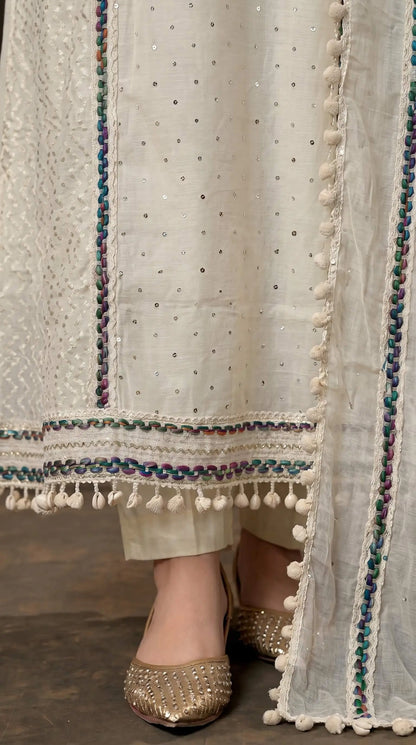 Premium Pakistani Mull Chanderi Suit with Sequin Work & Embroidered Dupatta