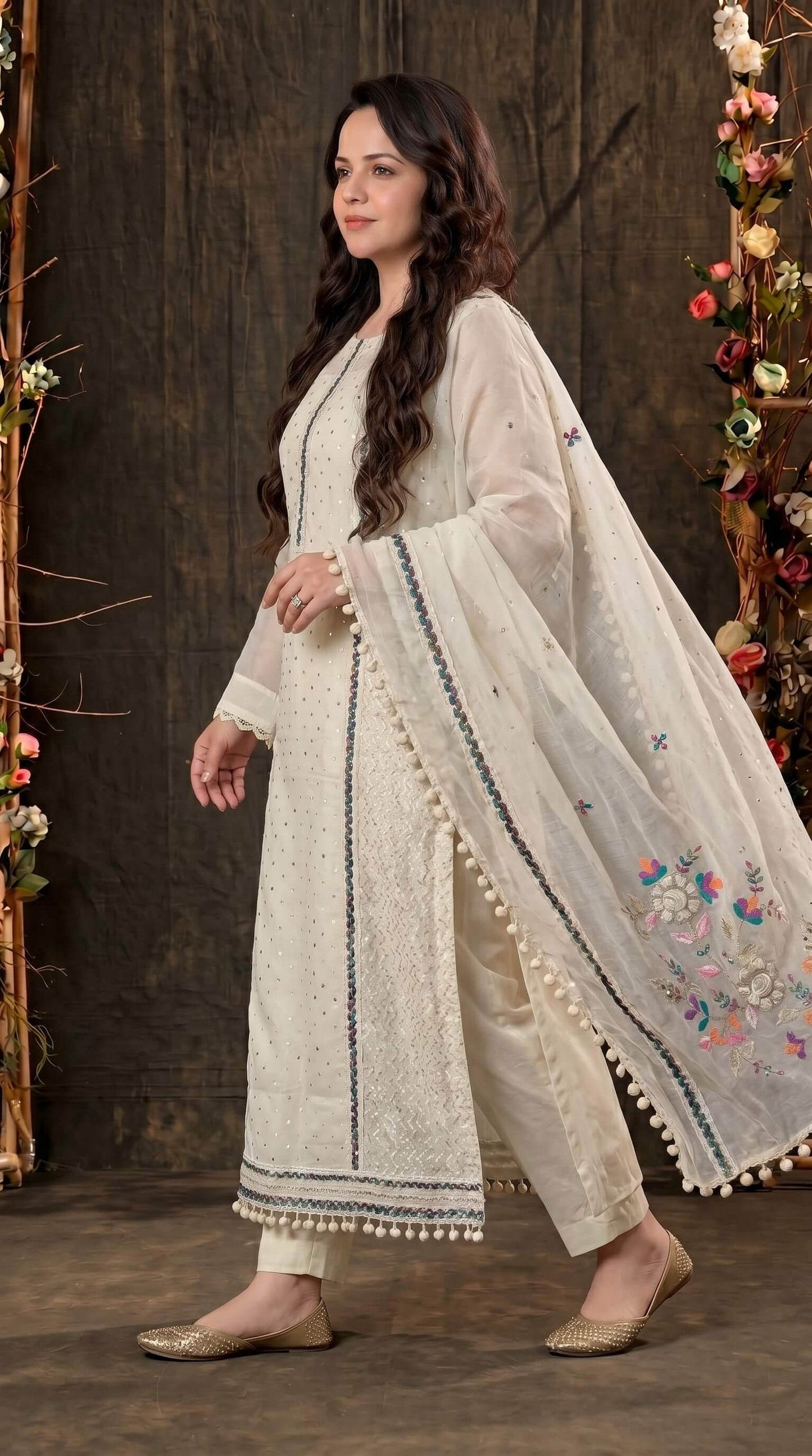 Premium Pakistani Mull Chanderi Suit with Sequin Work & Embroidered Dupatta